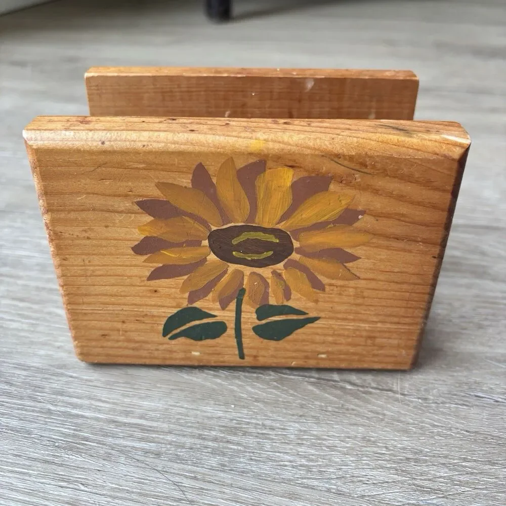 Vintage Unbranded Hand Painted Sunflower Wooden Napkin Holder Rustic Kitchen